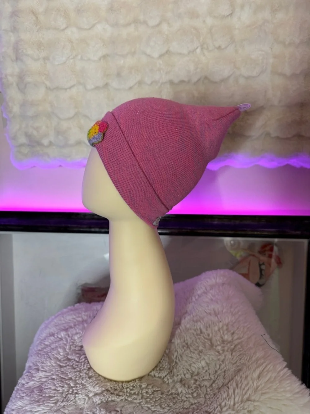 Pink Beanie with Smiley Face Patch